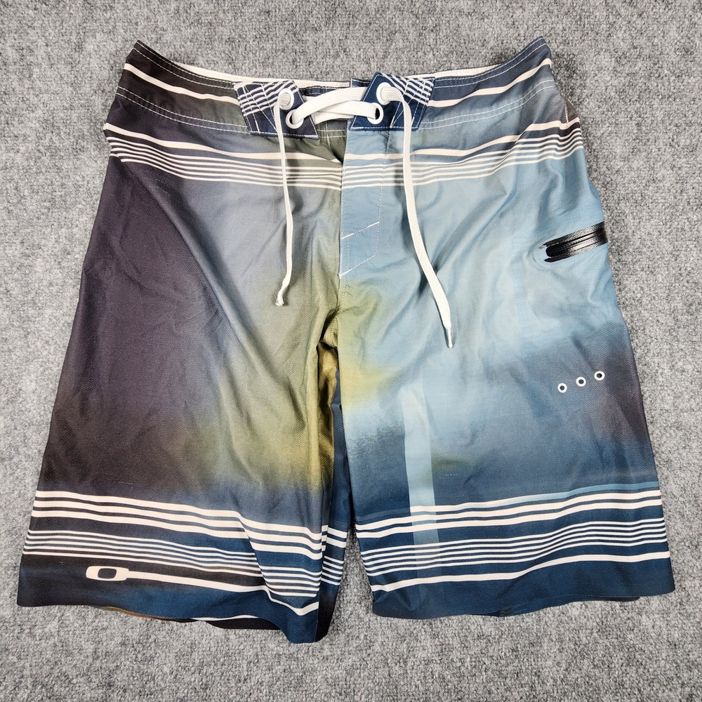 Oakley Hydrofuse Mens Board Shorts Blue Orange Abstract Stripe Swim Trunks 32